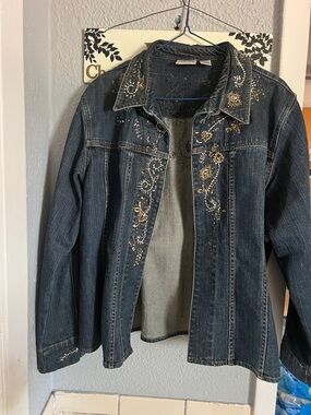 Chico's Dark Blue Denim Jacket with Gold Embellishment
